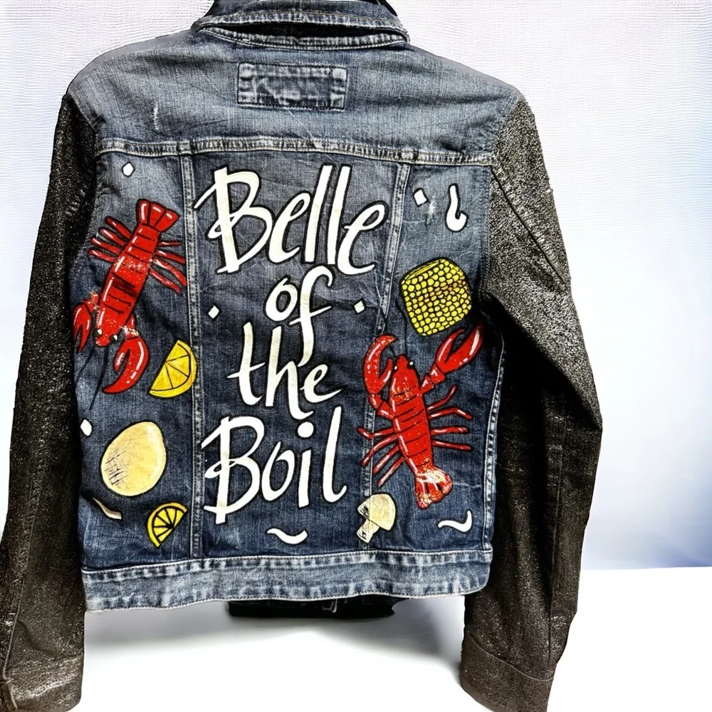 Get Ready to Boil in Style: Hand-Painted Jean Jacket 'Belle of the Boil'! Size S - Picture 10 of 16